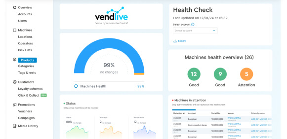 Vendlive screen of health dashboard